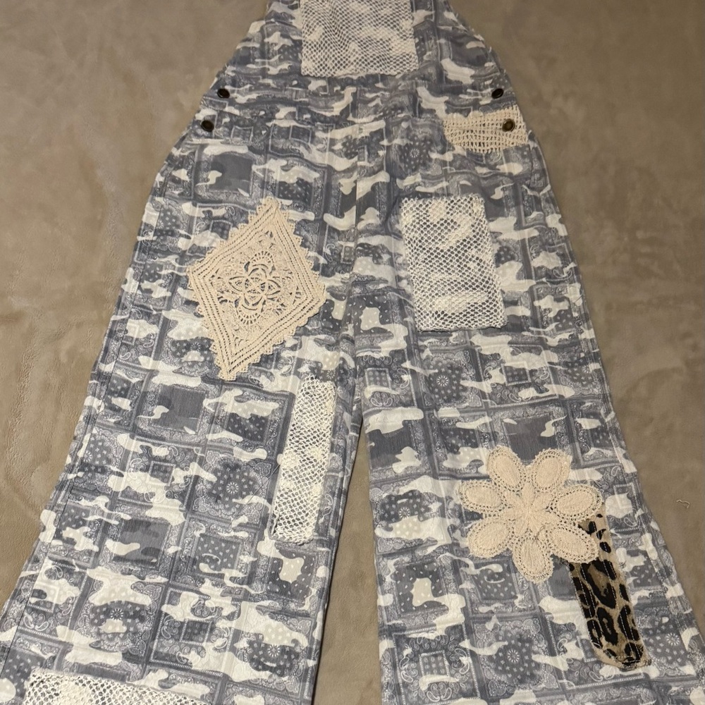 POL Gray and Cream Patchwork Overalls